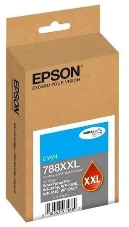 Tinta Epson 788XXL / Cian 4k | 2503 - Cartucho de Tinta Original Epson T788XXL220-AL Cian. Rendimiento: 4.000 Páginas al 5% Negro & Color. Impresoras Compatibles: Epson WorkForce Pro WF-5110 WF-5620 WF-5190 WF-5690 C13T788120 