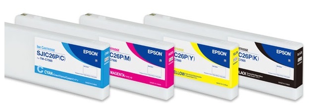 Tinta para Epson ColorWorks TM-C7500 / SJIC26P| 2500 - Tinta Original Epson. El Kit Incluye:  SJIC26P(C) Cian, SJIC26P(K) Negra, SJIC26P(M) Magenta, SJIC26P(Y) Amarillo. C33S020614 C33S020615 C33S020616 C33S020617   