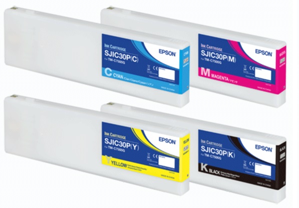 Tinta para Epson ColorWorks TM-C7500G / SJIC30P | 2500 - Tinta Original Epson. El Kit Incluye:  SJIC30P(K) Negra, SJIC30P(C) Cian, SJIC30P(M) Magenta, SJIC30P(Y) Amarillo. C33S020635 C33S020636 C33S020637 C33S020638 