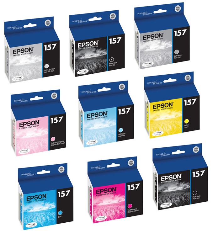 Tinta para Epson Stylus Photo R3000 / T157 25ml | 2500 - Tinta Epson UltraChrome: T157120 Photo Black, T157220 Cyan, T157320 Vivid Magenta, T157420 Yellow, T157520 Light Cyan, T157620 T157720 Light Black, T157820 Matte Black, T157920 Light Light Black