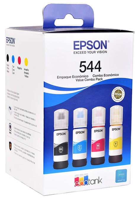 Tinta Epson 544 T544520-4P / Pack 4-Colores | 2502 - Tinta Original Epson 544 Pack 4-Colores. El Kit incluye: T544220 Cian, T544320 Magenta, T544420 Amarilla. Rendimiento: Color 7500 / Negro 4500 Páginas al 5%.