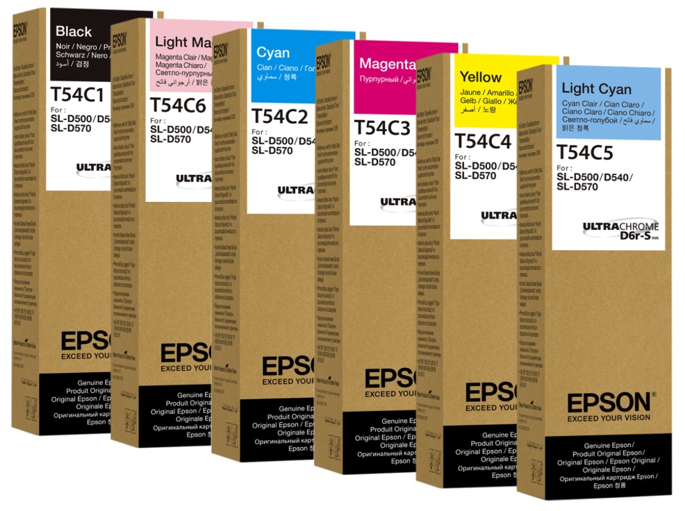 Tinta para Epson SL-D500 / T54C | 2503 - Tinta Original Epson T54C. El Kit Incluye: T54C120 Negro, T54C220 Cian, T54C320 Magenta, T54C420 Amarillo, T54C520 Cian Claro, T54C620 Magenta Claro. Capacidad 70 ml. Tinta UltraChrome D6r-S basada en colorantes