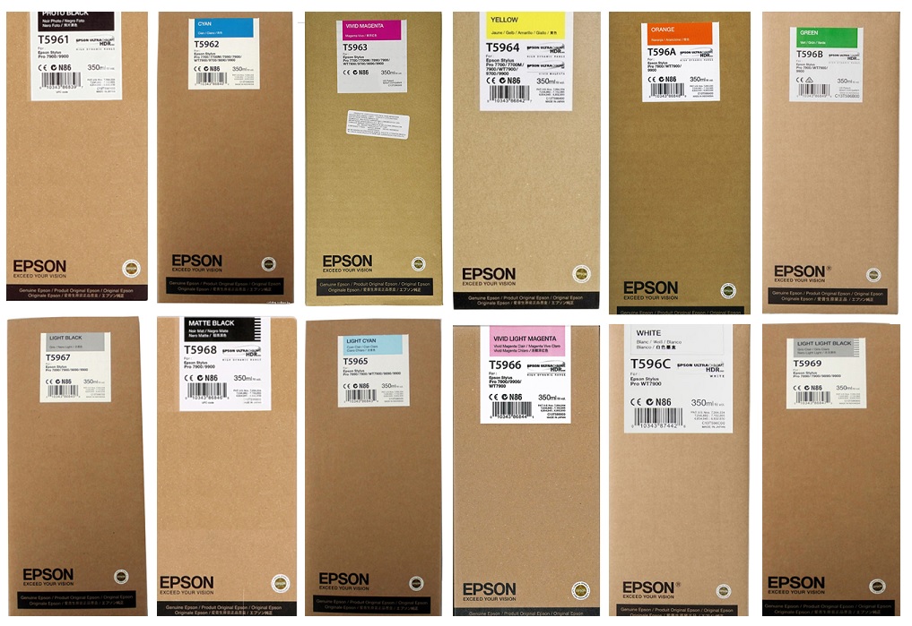 Tinta para Plotter Epson Stylus Pro 7700 / 350ml | 2500 - Original Tinta Vivid Color UltraChrome Epson T596: El Kit incluye: T596100 Photo Black, T596200 Cyan, T596300 T596400, T596500 T596600 T596700 T596800 Matte Black, T596900 Light Light Black