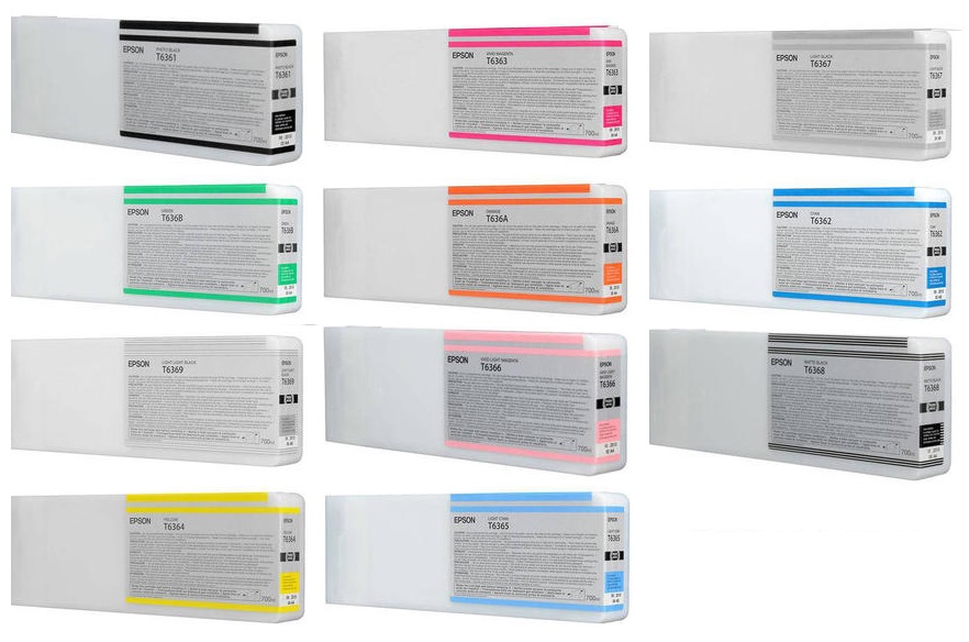 Tinta para Epson Stylus Pro 7700 / T636 | 2503 - Tinta Original Epson T636 - Incluye: T636100 Negro Foto, T636200 Cian, T636300 Vivid Magenta, T636400 Amarillo, T636500 Light Cian, T636600 Light Magenta, T636700 Negro Claro, T636800 Negro Mate, T636900 