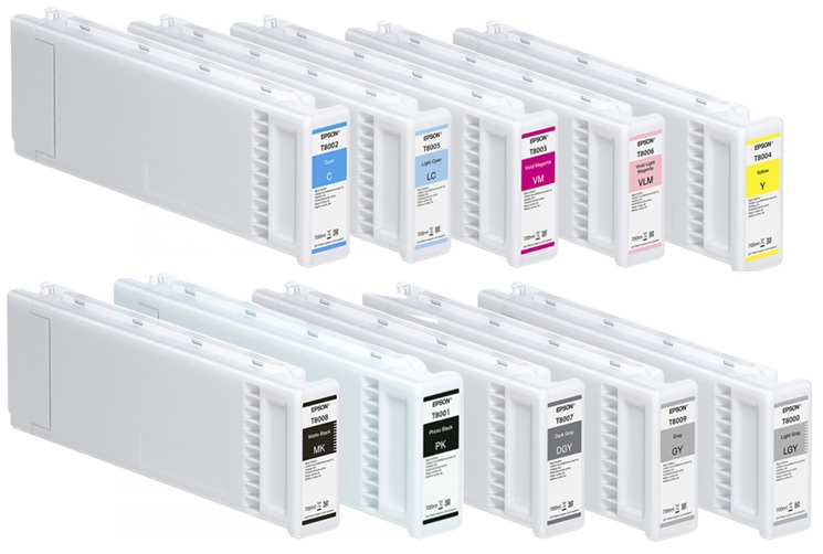 Tinta para Plotter Epson P10000 / T800 | 2503 - Tinta Original Epson T800. Incluye: T800000 Light Gray, T800100 Photo Black, T800200 Cyan, T800300 Vivid Magenta, T800400 Yellow, T800500 Light Cyan, T800600, T800700 Dark Gray, T800800 Matte, T800900 Gray