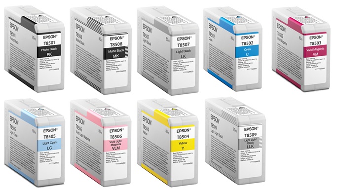 Tinta para Epson SureColor P800 / T850 | 2503 - Tinta Original Epson T850 / 80 ml. El Kit Incluye: T8501 Negro Fotográfico T8502 Cian T8503 Magenta T8504 Amarillo, T8505 Cian claro T8506 Magenta Claro T8507 Negro claro T8508 Negro Mate T8509 Gris claro