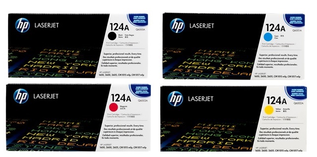 Toner para HP 1600 / HP 124A | 2502 - Toner Original HP 124A. El Kit incluye: Q6000A Negro, Q6001A Cian, Q6002A Amarillo, Q6003A Magenta. Rendimiento: Color 2.000 / Negro 2.500 Páginas al 5%. Modelos compatibles: HP Color LaserJet 1600 