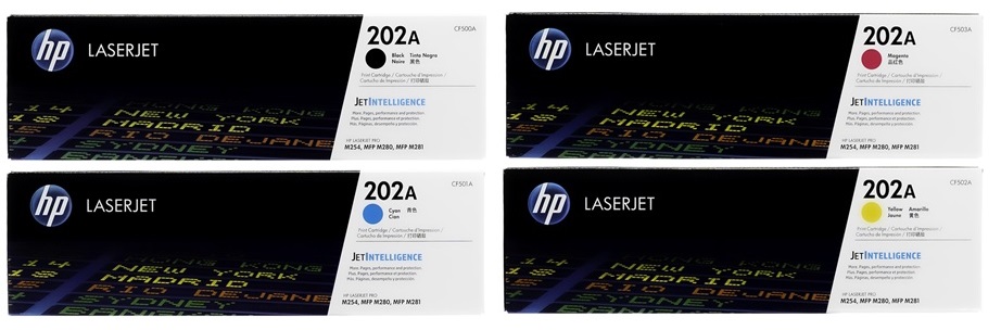Toner para HP M254dw / HP 202A | 2502 - Toner Original HP 202A. El Kit Incluye: CF500A Negro, CF501A Cian, CF502A Amarillo, CF503A Magenta. Rendimiento: Negro 1.400 / Color 1.300 Páginas al 5%. Modelos Compatibles: HP LaserJet Pro M254dw M254nw 