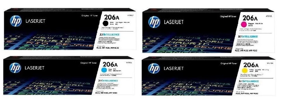 Toner para HP M255dn / HP 206A | 2502 - Toner Original HP 206A. El Kit Incluye: W2110A Negro, W2111A Cian, W2112A Amarillo, W2113A Magenta. Rendimiento: Negro 1.350 / Color 1.250 Paginas al 5%. Modelos Compatibles: HP LaserJet Pro M255dn M255dw M255nw 