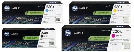 Toner para HP 4203dn / HP 230A | 2502 - Toner Original HP 230A. El kit Incluye: W2300A Negro, W2301A Cian, W2302A Amarillo, W2303A Magenta. Rendimiento: Color 1.800 / Negro 2.000 Páginas al 5%. Modelos Compatibles: HP LaserJet Pro 4203cdn 4203dn 4203dw 