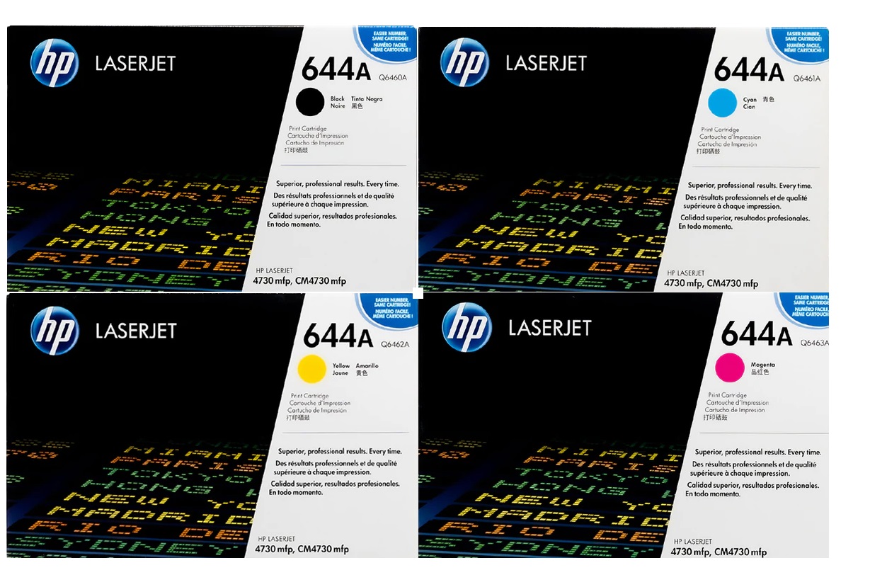 Toner para HP 4730 MFP / HP 644A | 2503 - Toner Original HP 644A. El Kit incluye: Q6460A Negro, Q6461A Cian, Q6462A Amarillo, Q6463A Magenta. Rendimiento: 12.000 Páginas al 5% Negro & Color. Modelos Compatibles: HP LaserJet 4730 4730x 4730xm 4730xs  