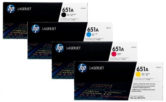 Toner para HP M775dn / HP 651A | 2503 - Toner Original HP 651A. El Kit Incluye CE340A Negro, CE341A Cian, CE342A Amarillo, CE343A Magenta. Rendimiento: Negro 13.500 / Color 16.000 Páginas al 5%. Modelos compatibles: HP Color LaserJet M775dn M775f M775z 