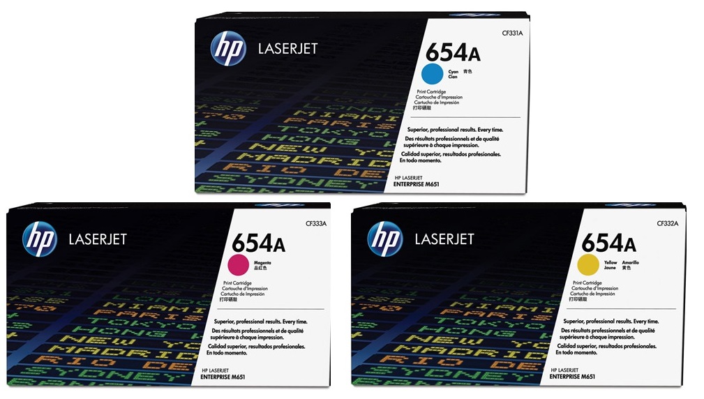 Toner para HP M651dn / HP 654A | 2503 - Toner Original HP 654A. El Kit Incluye: CF331A Cian, CF332A Amarillo, CF333A Magenta. Rendimiento 15.000 Paginas al 5%. Modelos compatibles: HP Color LaserJet Enterprise M651n M651dn M651xh 