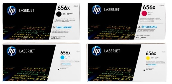 Toner para HP M652dn / HP 656X | 2503 - Toner Original HP 656x. El Kit Incluye: CF460X Negro, CF461X Cian, CF462X Amarillo, CF463X Magenta. Rendimiento: Negro 27.000 / Color 22.000 Paginas al 5%. Modelos Compatibles: HP LaserJet Enterprise M652dn M652n 