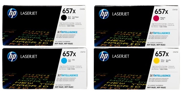 Toner para HP M681dh / HP 657x | 2500 - Toner Original HP 657x. El Kit Incluye: CF470X Negro, CF471X Cian, CF472X Amarillo, CF473X Magenta. Rendimiento: Negro 28.000 / Color 23.000 Paginas al 5%. 