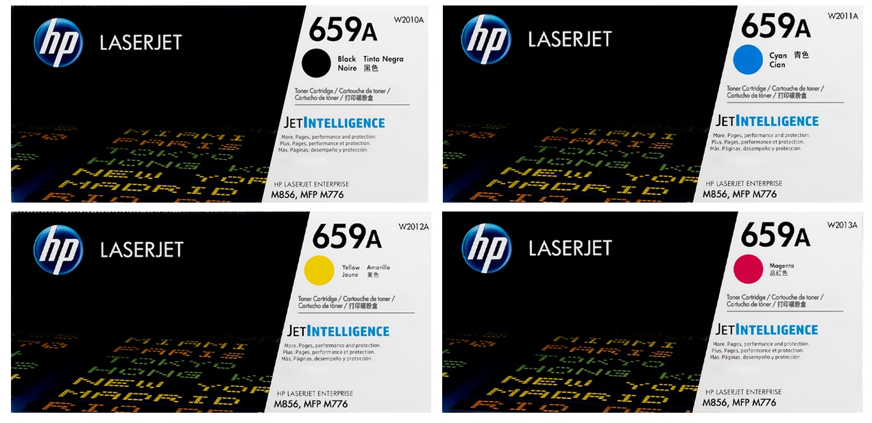 Toner para HP M776dn / HP 659A | 2503 - Toner Original HP 659A. El Kit Incluye: W2010A Negro, W2011A Cian, W2012A Amarillo, W2013A Magenta. Rendimiento: Negro 16.000 / Color 13.000 Pág 5%. Modelos Compatibles: HP LaserJet Enterprise M776z M776zs M776dn 