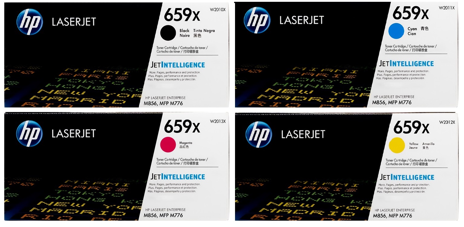 Toner para HP M776dn / HP 659x | 2503 - Toner Original HP 659x. El Kit Incluye: W2010X Negro, W2011X Cian, W2012X Amarillo, W2013X Magenta. Rendimiento: Negro 34.000 / Color 29.000 Pág al 5%. Modelos Compatibles: HP LaserJet Enterprise M776z, M776zs 