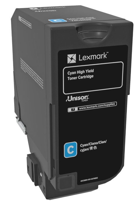 Toner Lexmark 74C0H20 / Cian 12k | 2605 – Lexmark 74C0H20 es un cartucho de tóner de alto rendimiento diseñado para sistemas de impresión láser color con tecnología Unison, rendimiento de hasta 12000 páginas estándar según ISO/IEC 19798