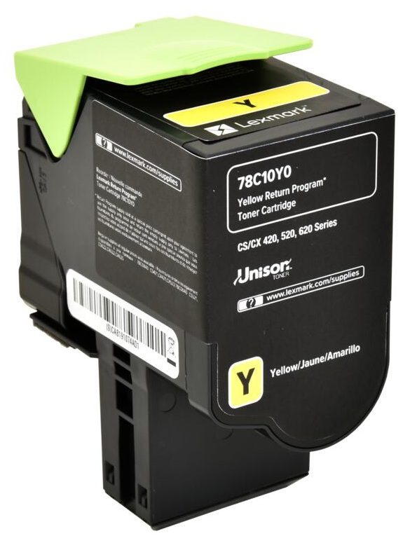 Toner Amarillo 1.4k / Lexmark 78C10Y0 | 2605 – Lexmark 78C10Y0 es un tóner diseñado para impresión láser color, rendimiento de 1400 páginas, tecnología Unison Toner, color amarillo, compatible con dispositivos CS421dn, CS521dn, CS622de, CX421adn