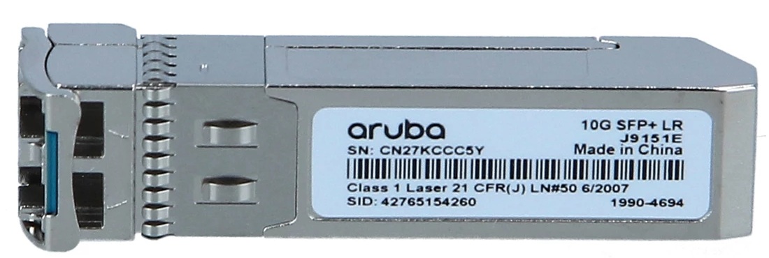 Transceptor SFP+ 10 Gbps SMF 10km / HP J9151E | 2605 – Aruba J9151E es un módulo transceptor SFP+ diseñado para conexiones de fibra óptica monomodo, ofreciendo una velocidad de transferencia de 10 Gbps, longitud de onda de 1310 nm, conector LC dúplex