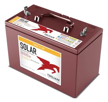 Batería AGM para energía solar / Trojan SAES12105 | 2607 – Trojan Solar SAES 12 105 es una batería AGM VRLA de ciclo profundo de 12V optimizadas para almacenamiento de energía solar y sistemas de respaldo. Tecnología: VRLA AGM (Absorbent Glass Mat)