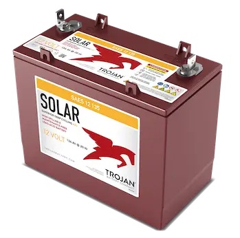 Batería AGM para energía solar / Trojan SAES12135 | 2607 – Trojan Solar SAES 12 135 es una batería AGM VRLA ciclo profundo de 12V para aplicaciones de almacenamiento de energía solar y sistemas de respaldo. Tecnología: VRLA AGM (Absorbent Glass Mat)