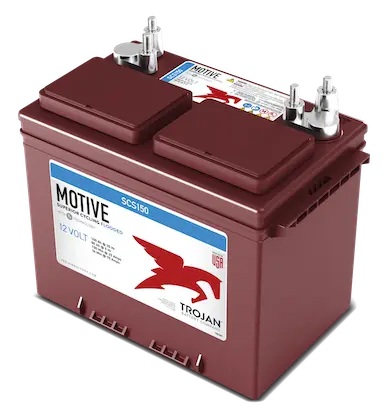 Batería de plomo-ácido inundada / Trojan SCS150 | 2607 – Trojan MOTIVE SCS150 Batería ciclo profundo de plomo-ácido inundada de 12V para aplicaciones marinas y vehículos recreativos. Tecnología Plomo-ácido inundada (Deep-Cycle Flooded/Wet Lead-Acid)