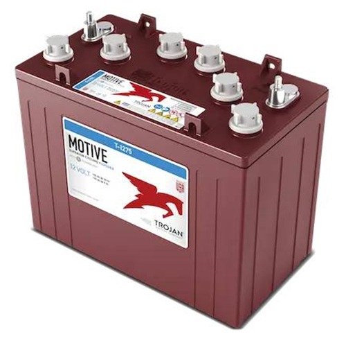 Batería de plomo-acido inundada / Trojan T-1275 | 2609 - Trojan T-1275 es una batería de ciclo profundo inundada de plomo-ácido, Voltaje: 12 V, Celdas: 6, Capacidad: 120 Ah a 5 h / 134 Ah a 10 h / 150 Ah a 20 h / 166 Ah a 100 h, Energía: 1.99 kWh a 100h
