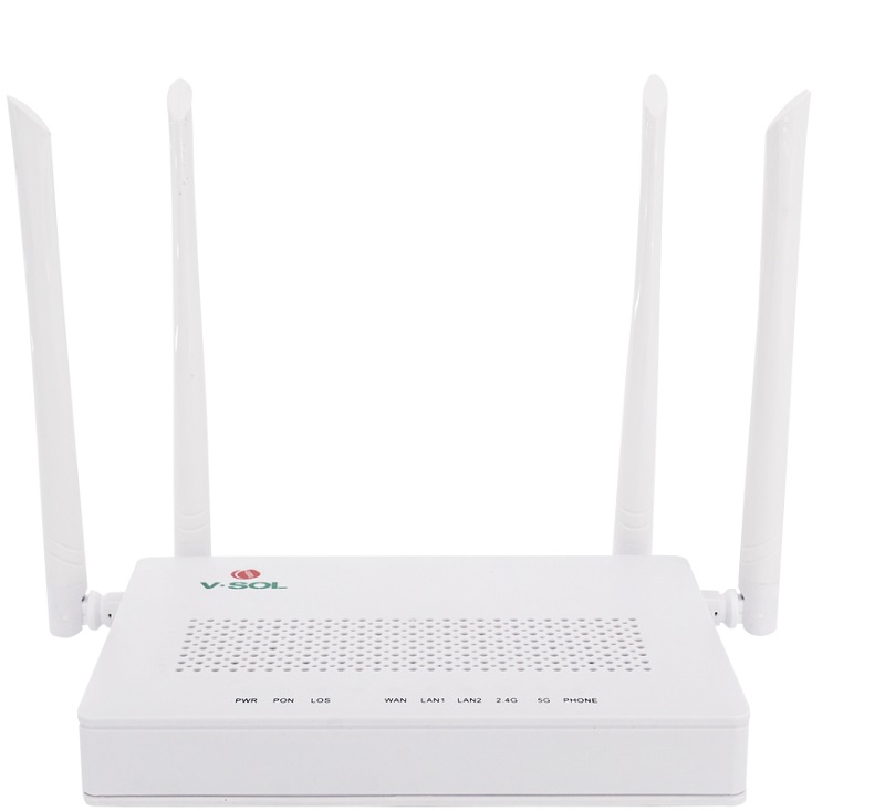 ONU Dual G/EPON – V-SOL HG323D-AC | 2204 – ONU Dual G/EPON, Velocidad: 1.167Gbps, Wi-Fi doble banda, 1x RJ11, 2x Ethernet Gigabit, 1x PON SC/UPC / SC/APC, EPON PX20 / GPON Class B+, 4 antenas 5dBi, Distancia 20 Km. HG323DAC